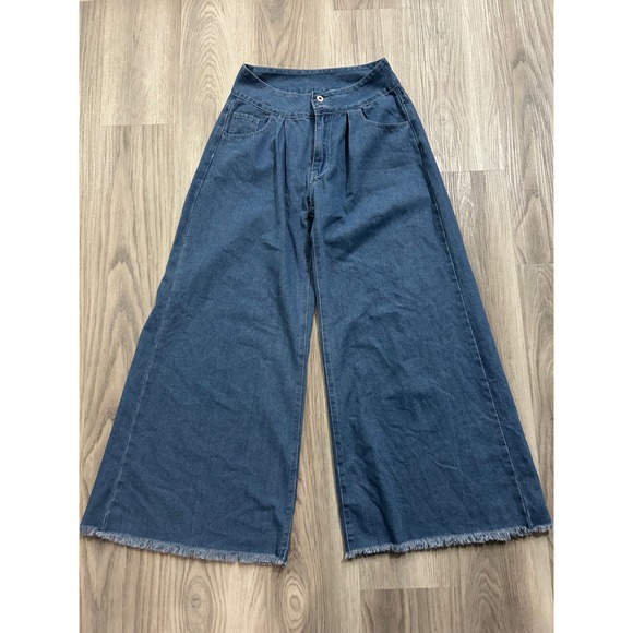 SHEIN Denim - SHEIN Women Medium Wash Wide Leg Pleated High Rise Raw Hem Denim Jeans W28